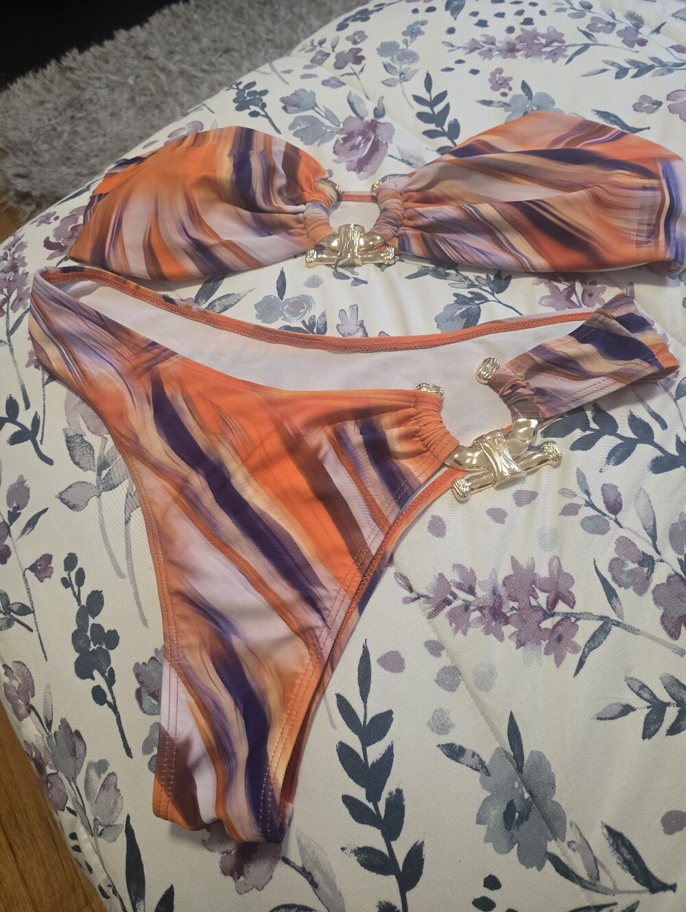 Orange & Purple Striped Bikini Set with Gold Hardware